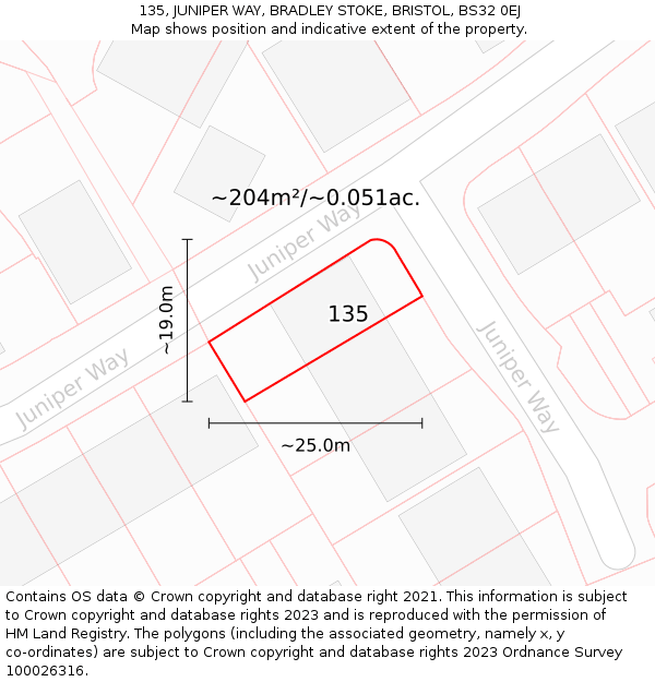 135, JUNIPER WAY, BRADLEY STOKE, BRISTOL, BS32 0EJ: Plot and title map