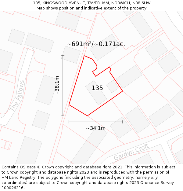 135, KINGSWOOD AVENUE, TAVERHAM, NORWICH, NR8 6UW: Plot and title map