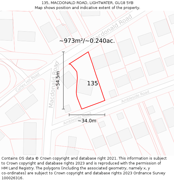 135, MACDONALD ROAD, LIGHTWATER, GU18 5YB: Plot and title map