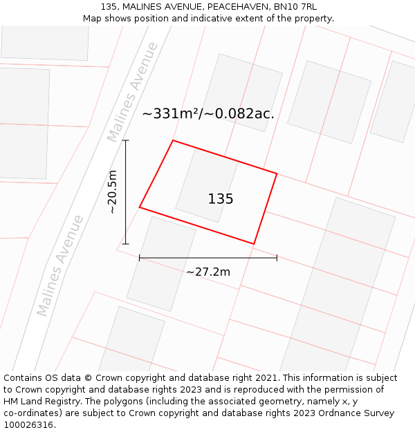 135, MALINES AVENUE, PEACEHAVEN, BN10 7RL: Plot and title map