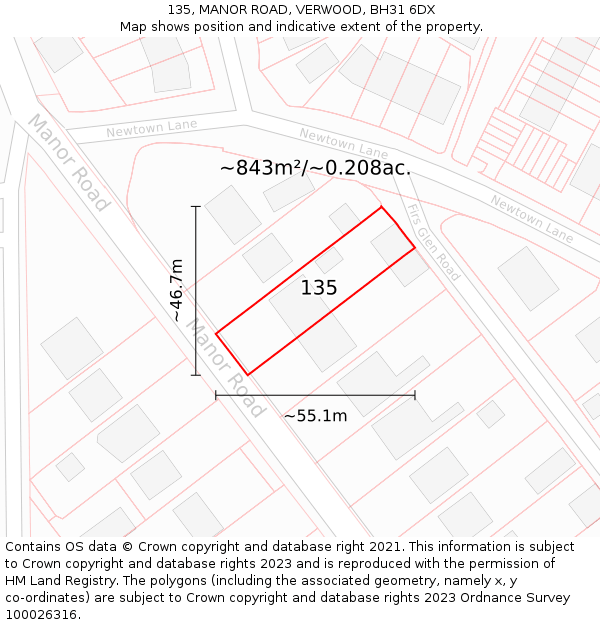 135, MANOR ROAD, VERWOOD, BH31 6DX: Plot and title map