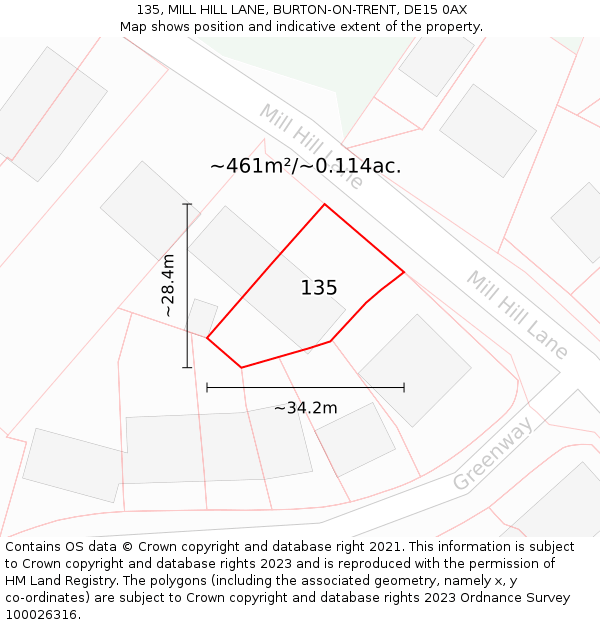 135, MILL HILL LANE, BURTON-ON-TRENT, DE15 0AX: Plot and title map