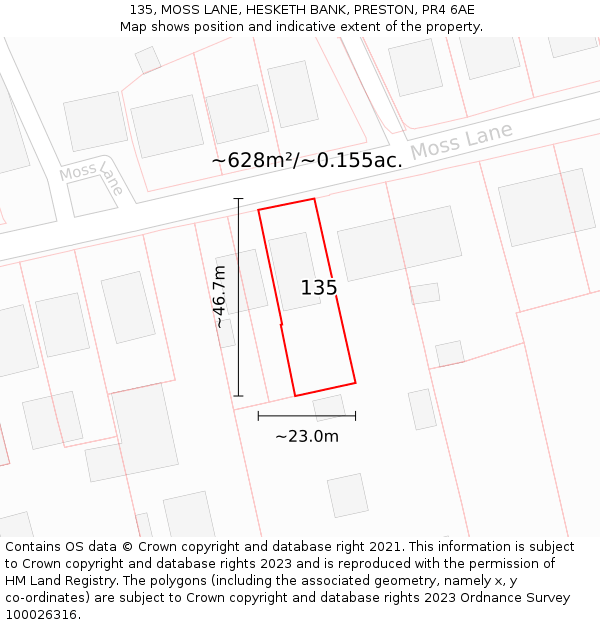 135, MOSS LANE, HESKETH BANK, PRESTON, PR4 6AE: Plot and title map