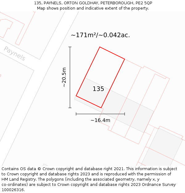 135, PAYNELS, ORTON GOLDHAY, PETERBOROUGH, PE2 5QP: Plot and title map