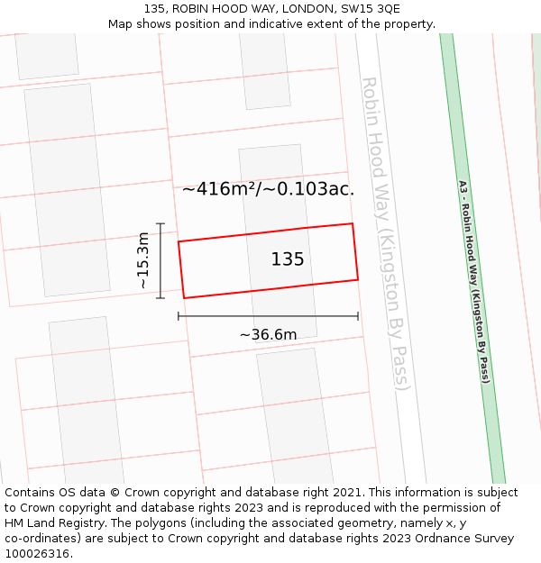 135, ROBIN HOOD WAY, LONDON, SW15 3QE: Plot and title map