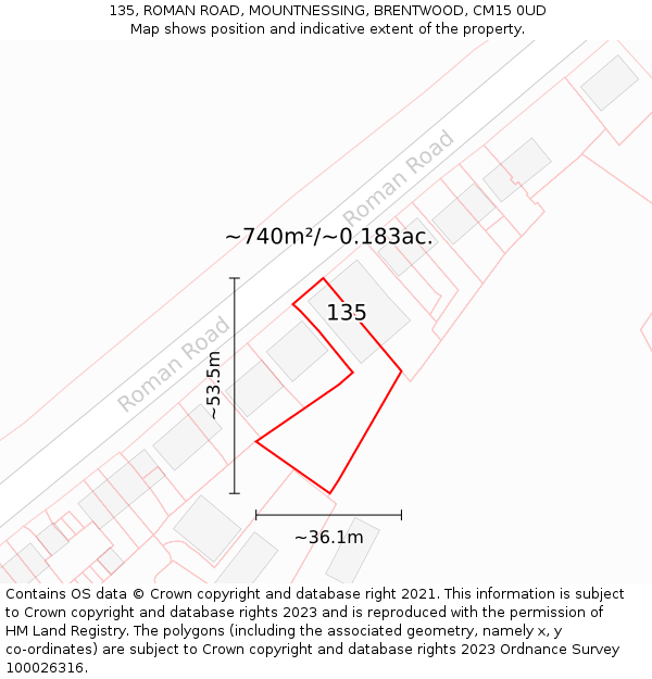 135, ROMAN ROAD, MOUNTNESSING, BRENTWOOD, CM15 0UD: Plot and title map