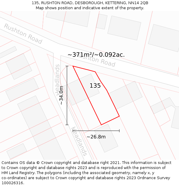 135, RUSHTON ROAD, DESBOROUGH, KETTERING, NN14 2QB: Plot and title map