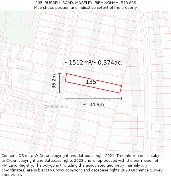 135, RUSSELL ROAD, MOSELEY, BIRMINGHAM, B13 8RS: Plot and title map