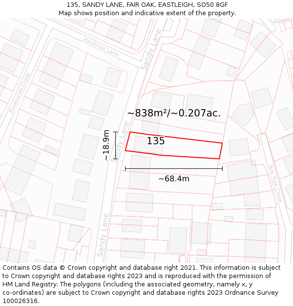 135, SANDY LANE, FAIR OAK, EASTLEIGH, SO50 8GF: Plot and title map