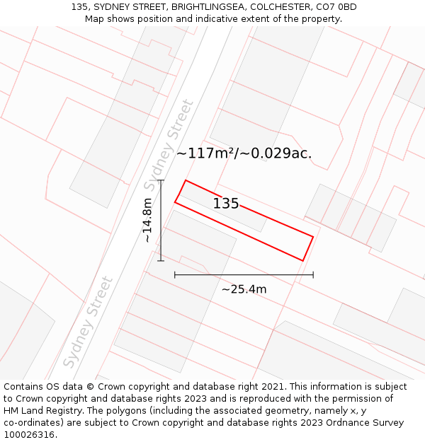 135, SYDNEY STREET, BRIGHTLINGSEA, COLCHESTER, CO7 0BD: Plot and title map