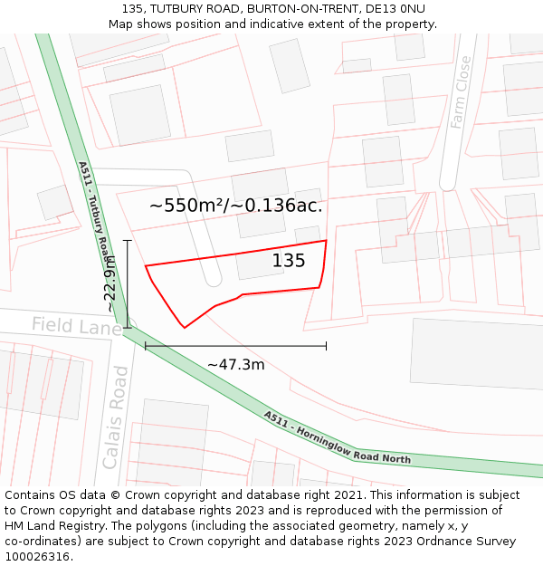 135, TUTBURY ROAD, BURTON-ON-TRENT, DE13 0NU: Plot and title map
