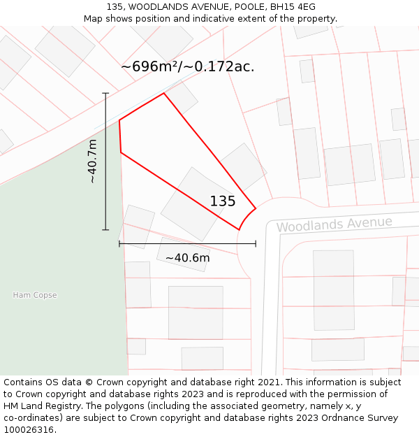 135, WOODLANDS AVENUE, POOLE, BH15 4EG: Plot and title map