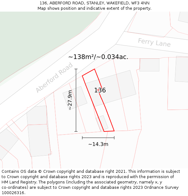 136, ABERFORD ROAD, STANLEY, WAKEFIELD, WF3 4NN: Plot and title map