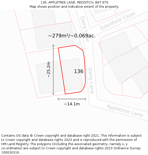 136, APPLETREE LANE, REDDITCH, B97 6TS: Plot and title map