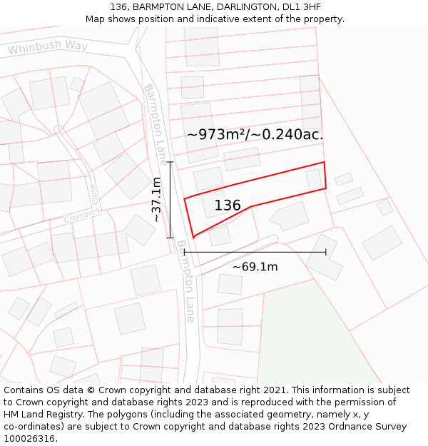 136, BARMPTON LANE, DARLINGTON, DL1 3HF: Plot and title map