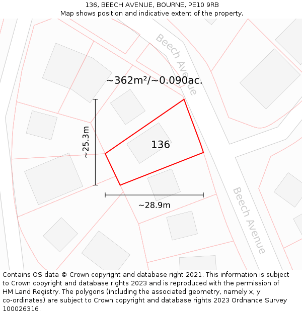 136, BEECH AVENUE, BOURNE, PE10 9RB: Plot and title map