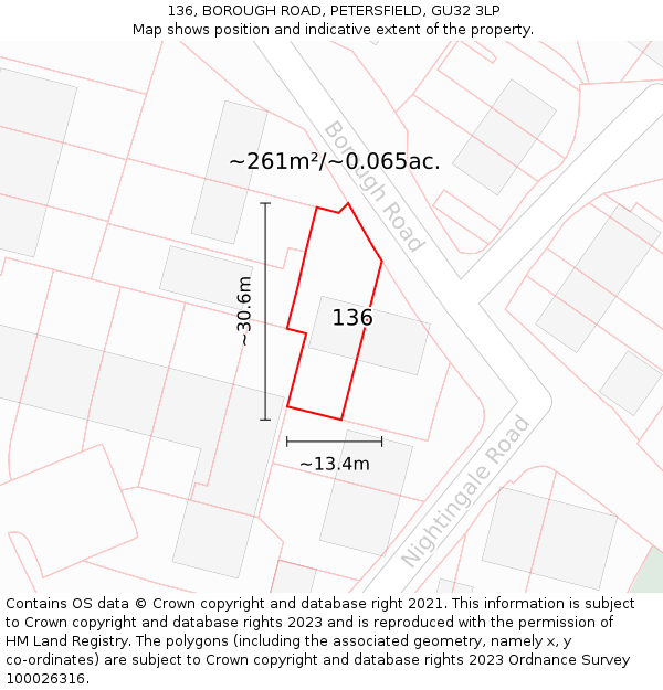 136, BOROUGH ROAD, PETERSFIELD, GU32 3LP: Plot and title map