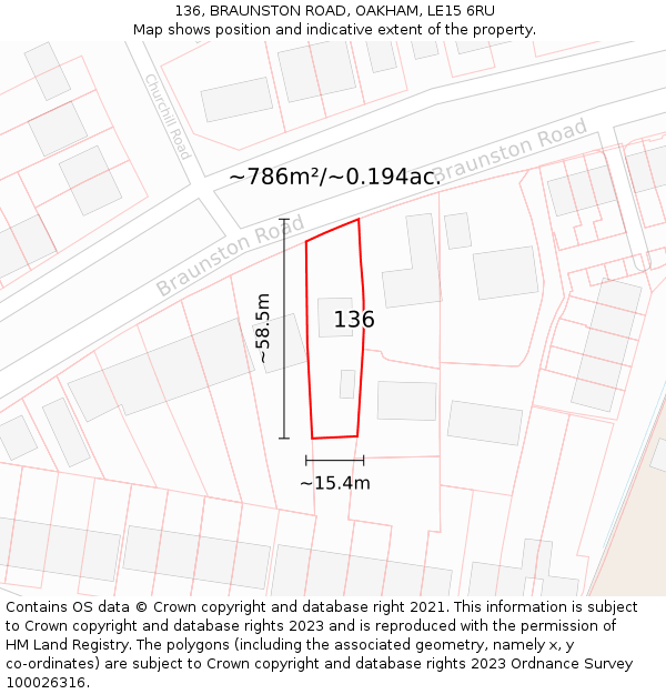 136, BRAUNSTON ROAD, OAKHAM, LE15 6RU: Plot and title map