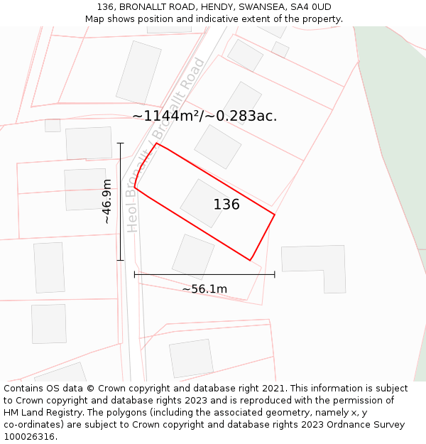 136, BRONALLT ROAD, HENDY, SWANSEA, SA4 0UD: Plot and title map