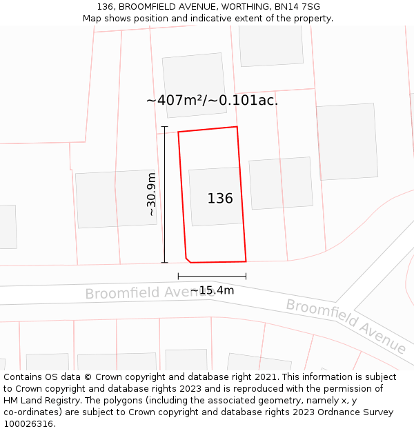 136, BROOMFIELD AVENUE, WORTHING, BN14 7SG: Plot and title map