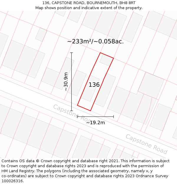 136, CAPSTONE ROAD, BOURNEMOUTH, BH8 8RT: Plot and title map