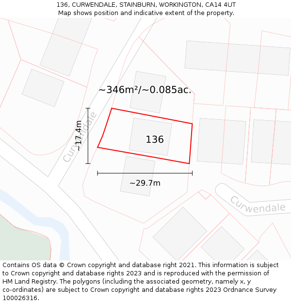 136, CURWENDALE, STAINBURN, WORKINGTON, CA14 4UT: Plot and title map