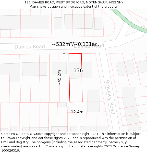 136, DAVIES ROAD, WEST BRIDGFORD, NOTTINGHAM, NG2 5HY: Plot and title map