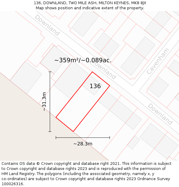 136, DOWNLAND, TWO MILE ASH, MILTON KEYNES, MK8 8JX: Plot and title map