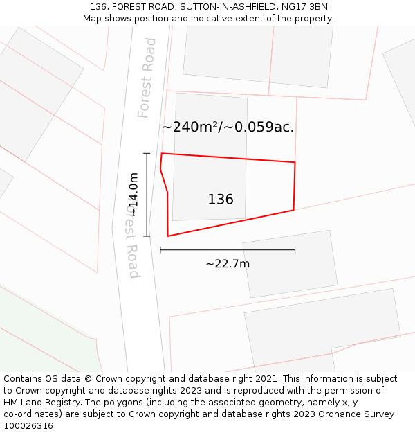 136, FOREST ROAD, SUTTON-IN-ASHFIELD, NG17 3BN: Plot and title map