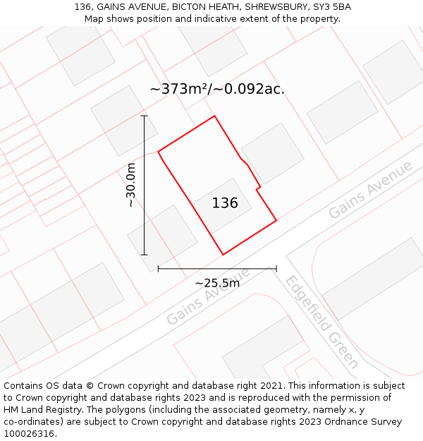 136, GAINS AVENUE, BICTON HEATH, SHREWSBURY, SY3 5BA: Plot and title map