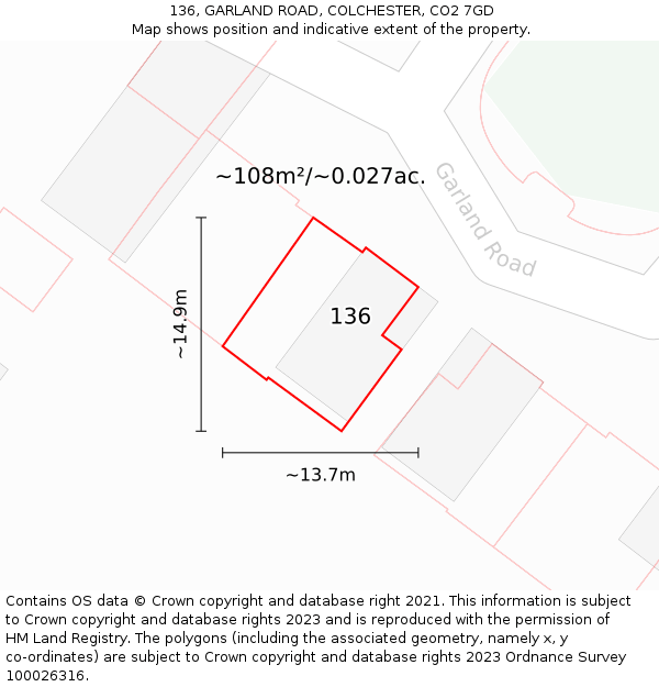 136, GARLAND ROAD, COLCHESTER, CO2 7GD: Plot and title map