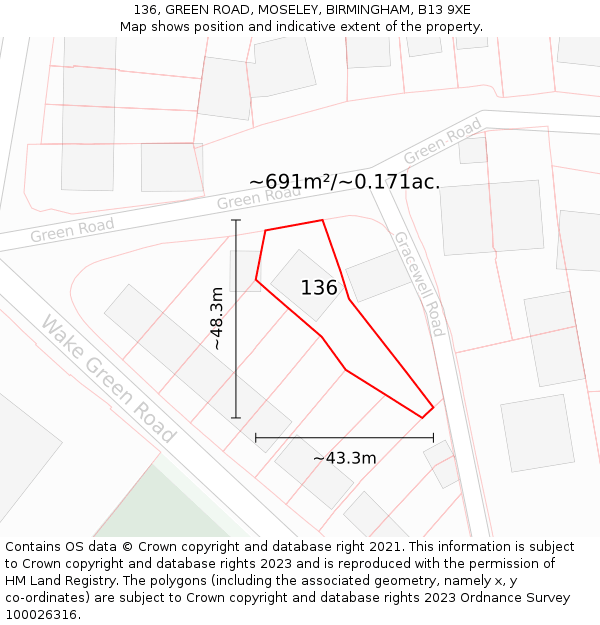 136, GREEN ROAD, MOSELEY, BIRMINGHAM, B13 9XE: Plot and title map