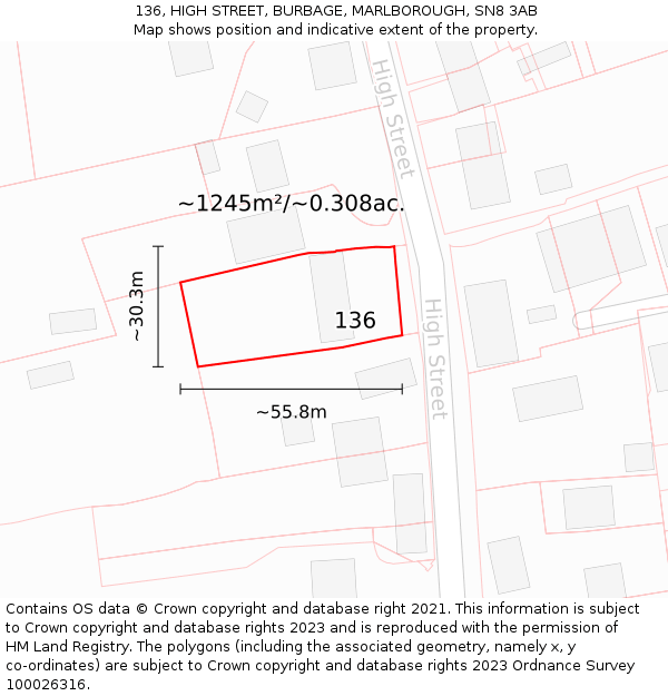 136, HIGH STREET, BURBAGE, MARLBOROUGH, SN8 3AB: Plot and title map