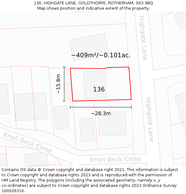 136, HIGHGATE LANE, GOLDTHORPE, ROTHERHAM, S63 9BQ: Plot and title map