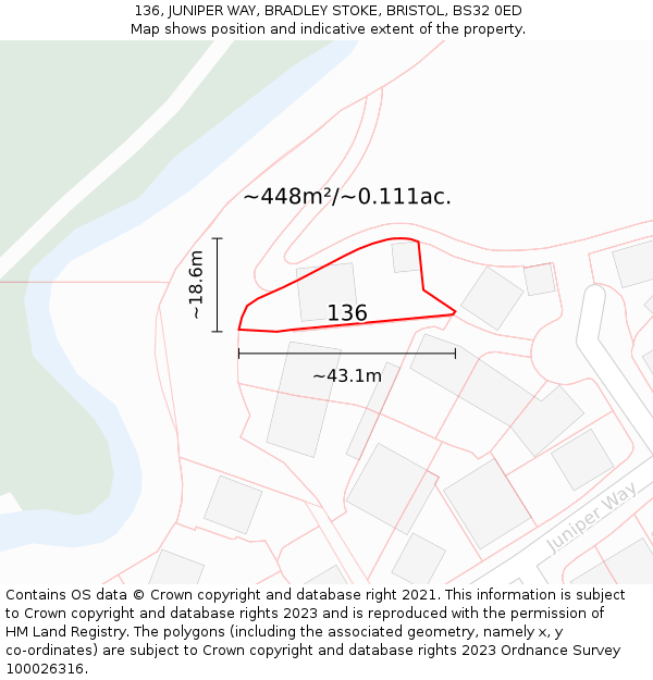 136, JUNIPER WAY, BRADLEY STOKE, BRISTOL, BS32 0ED: Plot and title map