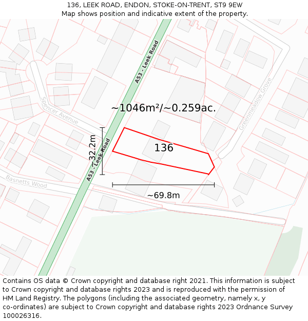 136, LEEK ROAD, ENDON, STOKE-ON-TRENT, ST9 9EW: Plot and title map