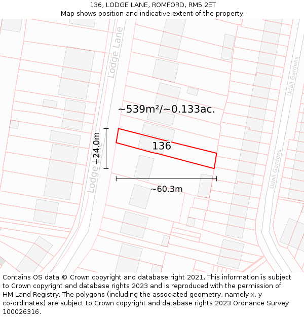 136, LODGE LANE, ROMFORD, RM5 2ET: Plot and title map