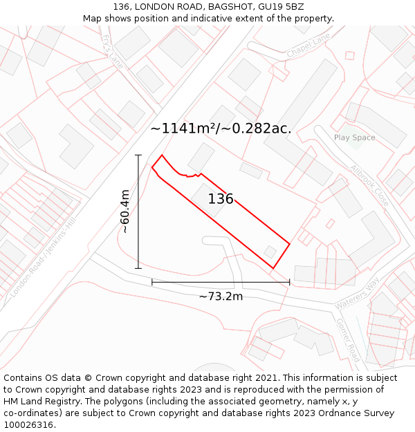 136, LONDON ROAD, BAGSHOT, GU19 5BZ: Plot and title map