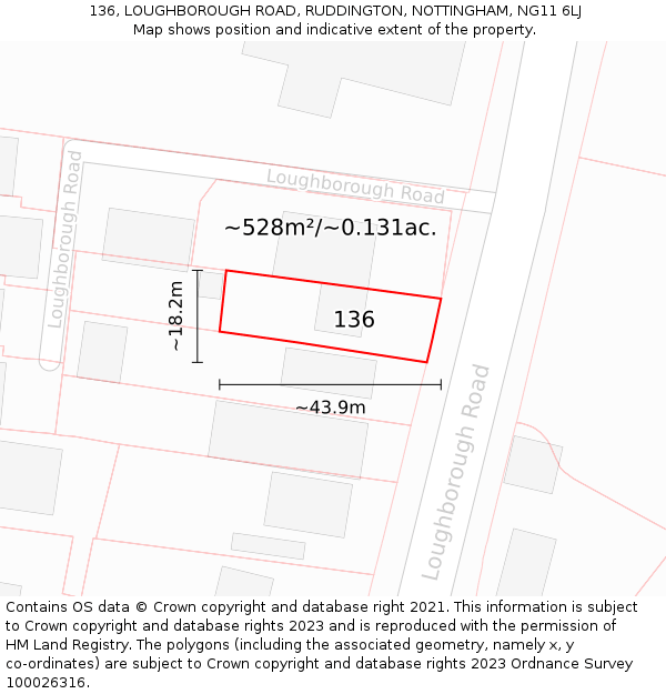 136, LOUGHBOROUGH ROAD, RUDDINGTON, NOTTINGHAM, NG11 6LJ: Plot and title map