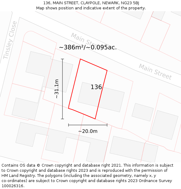 136, MAIN STREET, CLAYPOLE, NEWARK, NG23 5BJ: Plot and title map