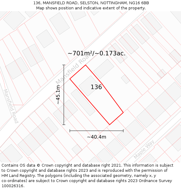 136, MANSFIELD ROAD, SELSTON, NOTTINGHAM, NG16 6BB: Plot and title map