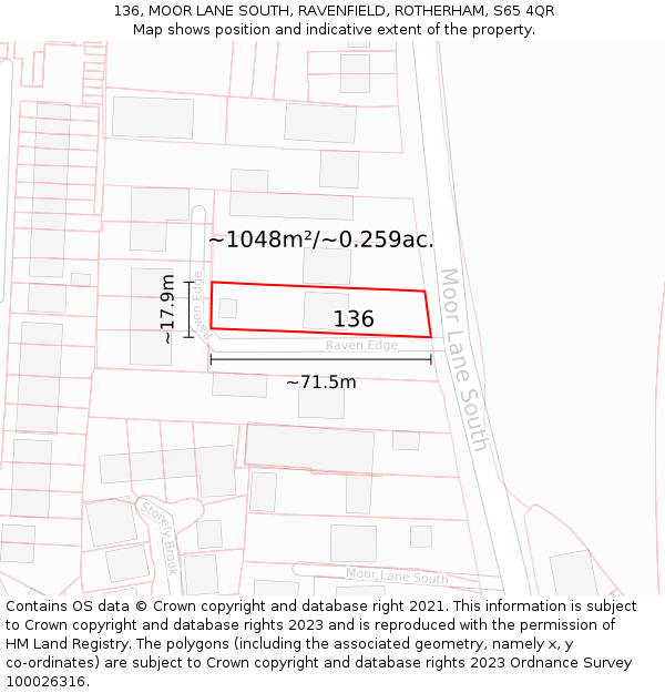 136, MOOR LANE SOUTH, RAVENFIELD, ROTHERHAM, S65 4QR: Plot and title map