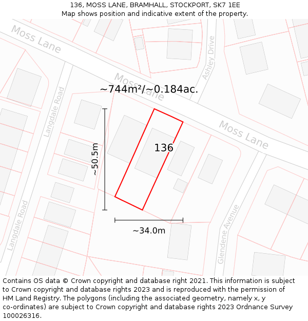 136, MOSS LANE, BRAMHALL, STOCKPORT, SK7 1EE: Plot and title map