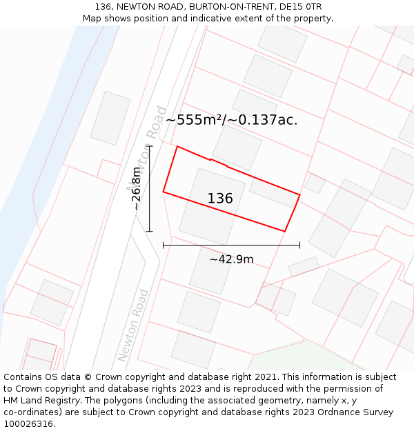 136, NEWTON ROAD, BURTON-ON-TRENT, DE15 0TR: Plot and title map