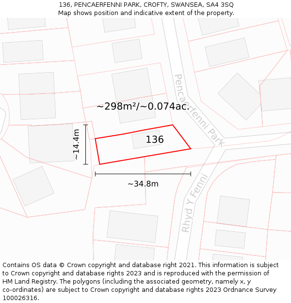 136, PENCAERFENNI PARK, CROFTY, SWANSEA, SA4 3SQ: Plot and title map