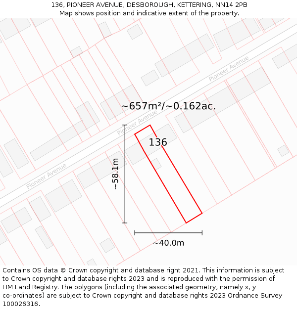 136, PIONEER AVENUE, DESBOROUGH, KETTERING, NN14 2PB: Plot and title map