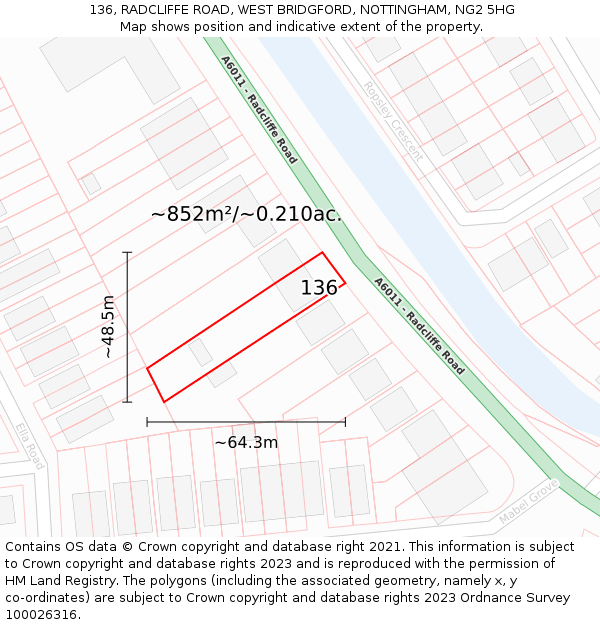 136, RADCLIFFE ROAD, WEST BRIDGFORD, NOTTINGHAM, NG2 5HG: Plot and title map