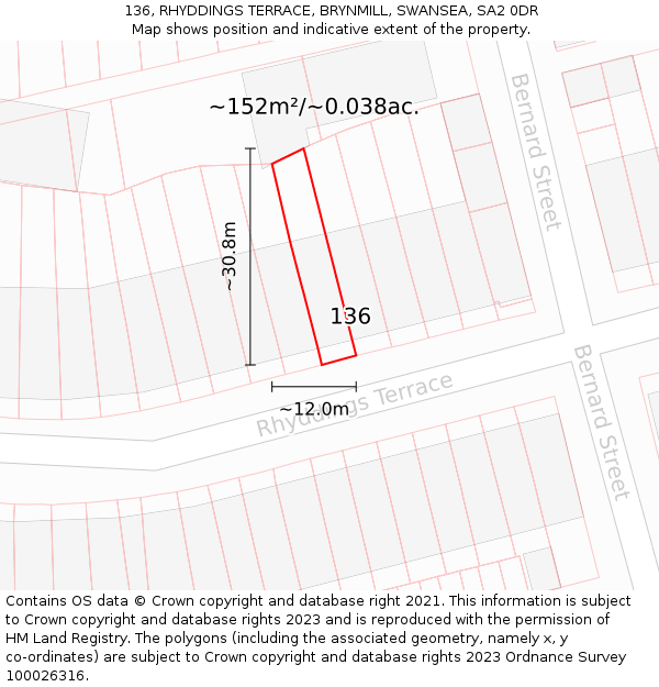 136, RHYDDINGS TERRACE, BRYNMILL, SWANSEA, SA2 0DR: Plot and title map