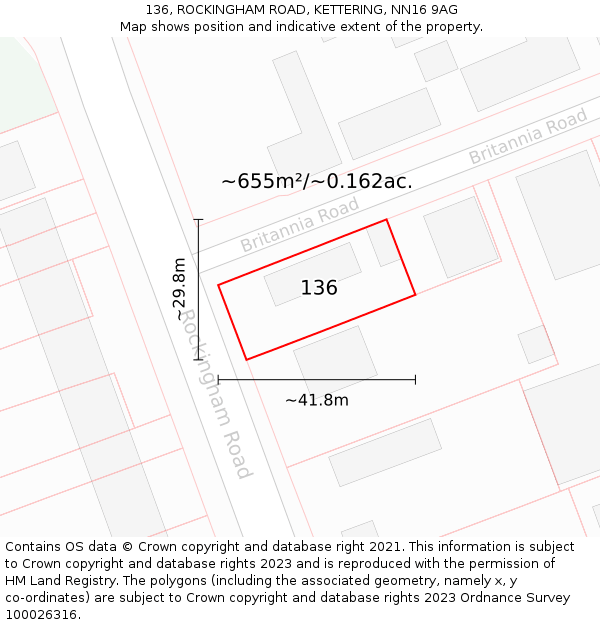 136, ROCKINGHAM ROAD, KETTERING, NN16 9AG: Plot and title map