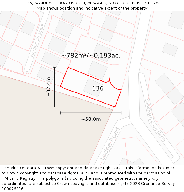 136, SANDBACH ROAD NORTH, ALSAGER, STOKE-ON-TRENT, ST7 2AT: Plot and title map